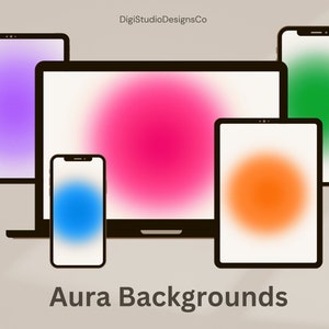 Puede incluir: Una colección de cuatro dispositivos con fondos de aura de diferentes colores. Un portátil con un aura rosa, una tableta con un aura naranja, un teléfono inteligente con un aura azul y un teléfono inteligente con un aura verde. El texto "Aura Backgrounds" está debajo de los dispositivos.