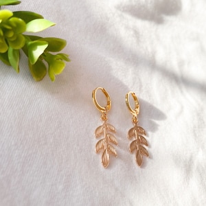 Gold Leaf Huggie Earrings: Dainty Minimalist Botanical Hoops