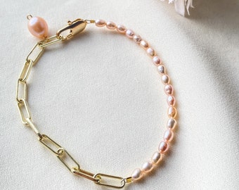 Freshwater Pearl Bracelet: 14k Gold Plated Chain, Beaded Gemstone