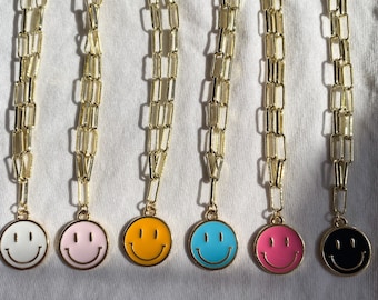 Happy Face Paperclip Necklace: 14k Gold Plated Link Chain