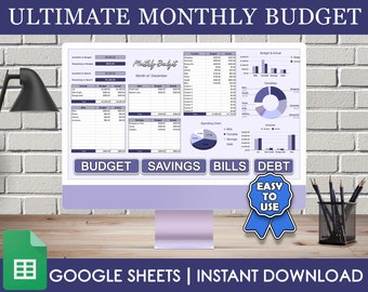 Könnte beinhalten: Ein Computerbildschirm zeigt eine Google Sheets-Tabelle mit einer monatlichen Budgetvorlage. Die Tabelle ist in Abschnitte für Budget, Ersparnisse, Rechnungen und Schulden unterteilt. Die Tabelle enthält auch Diagramme und Grafiken, um Ausgaben und Einnahmen zu visualisieren. Der Text "ULTIMATE MONTHLY BUDGET" wird oben auf dem Bildschirm angezeigt. Der Text "GOOGLE SHEETS | INSTANT DOWNLOAD" wird unten auf dem Bildschirm angezeigt.