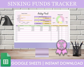 May include: A computer screen displaying a Google Sheets spreadsheet with a sinking funds tracker. The spreadsheet has a chart showing the total sinking funds, total saved, and left to save. The spreadsheet also has a table with a list of sinking funds, the goal amount, current balance, monthly amount to save, amount left to save, months needed, and months left. The spreadsheet is titled "Sinking Funds Tracker".