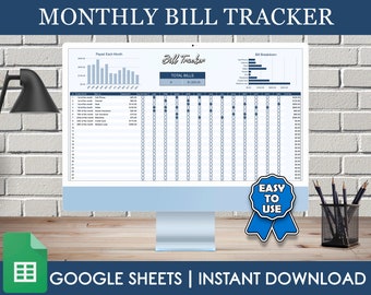 May include: A computer screen displaying a Google Sheet template for tracking monthly bills. The sheet includes a section for listing bills, their due dates, and amounts. The sheet also includes a graph showing the amount of bills paid each month. The text "MONTHLY BILL TRACKER" is displayed at the top of the screen. The text "EASY TO USE" is displayed on a blue ribbon with a gold star. The text "GOOGLE SHEETS | INSTANT DOWNLOAD" is displayed at the bottom of the screen.
