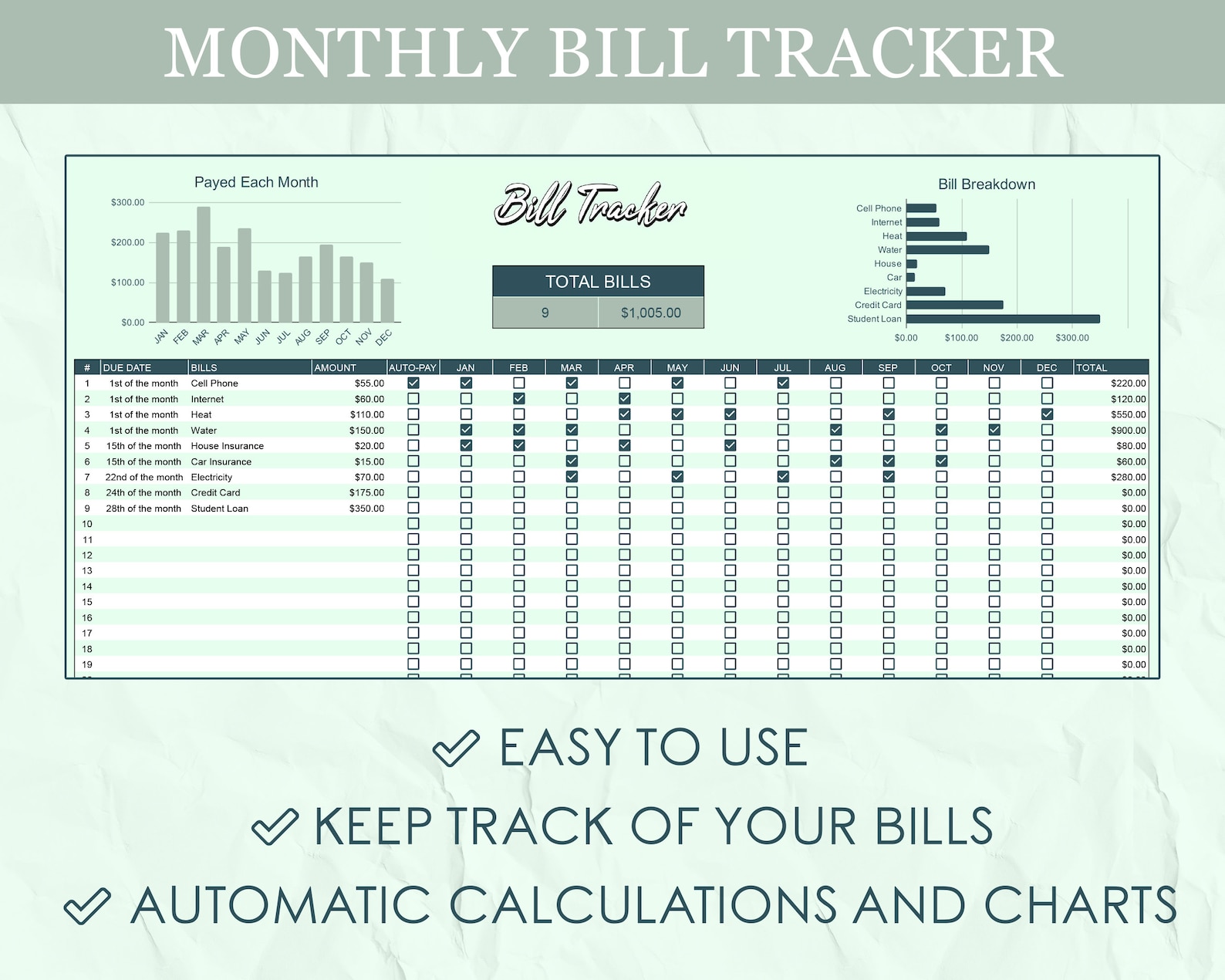 Bill Tracker Spreadsheet, Google Sheets Bill Tracking Template, Monthly ...