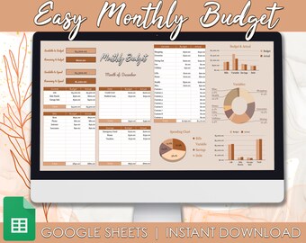 May include: A digital budget planner template for Google Sheets. The template is designed to help users track their income, expenses, and savings. The template includes a spending chart, a budget and actual tracker, and a variable expenses tracker. The template is designed in a minimalist style with brown and beige colors.