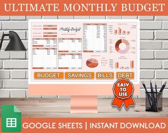 May include: A computer screen displaying a Google Sheets spreadsheet template for a monthly budget. The spreadsheet is colour-coded in shades of orange and brown and includes sections for budget, savings, bills, and debt. The text "ULTIMATE MONTHLY BUDGET" is displayed at the top of the screen. The text "EASY TO USE" is displayed in a red circle with a ribbon.