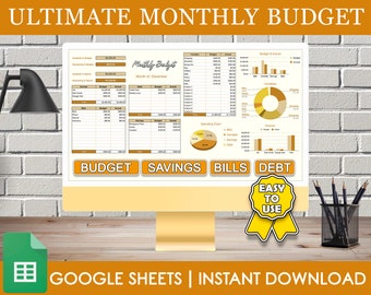 May include: A computer screen displaying a Google Sheets spreadsheet template for a monthly budget. The spreadsheet is divided into sections for budget, savings, bills, and debt. The template includes charts and graphs to help visualise spending and income. The text "ULTIMATE MONTHLY BUDGET" is displayed at the top of the screen. The text "EASY TO USE" is displayed on a yellow ribbon.