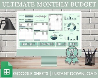 Könnte beinhalten: Ein Computerbildschirm zeigt eine grün-weiße Google Sheets-Tabellenvorlage für ein monatliches Budget. Die Tabelle enthält Abschnitte für Budget, Ersparnisse, Rechnungen und Schulden. Der Text "Ultimate Monthly Budget" befindet sich oben auf dem Bildschirm. Der Text "Easy to Use" befindet sich auf einem grün-weißen Aufkleber auf dem Bildschirm. Der Text "Google Sheets | Instant Download" befindet sich unten auf dem Bildschirm.