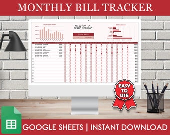May include: A computer screen displaying a Google Sheets spreadsheet for tracking monthly bills. The spreadsheet includes a chart showing the amount paid each month, a table for listing bills and due dates, and a chart showing bill breakdowns. The text "MONTHLY BILL TRACKER" is at the top of the screen. The text "EASY TO USE" is on a red ribbon.