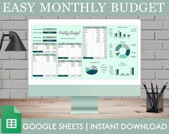 May include: A computer screen displaying a green and white monthly budget spreadsheet template in Google Sheets. The spreadsheet includes sections for income, bills, spending, and savings. The text "EASY MONTHLY BUDGET" is at the top of the screen. The text "GOOGLE SHEETS | INSTANT DOWNLOAD" is at the bottom of the screen.