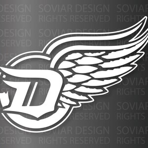 May include: A white decal with a stylized letter "D" inside a circle and a wing with feathers. The decal has a gray background.