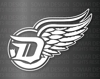May include: A white decal with a stylized letter "D" inside a circle and a wing with feathers. The decal has a gray background.