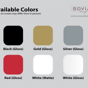 Puede incluir: Un gr&aacute;fico que muestra los colores disponibles para un producto. Los colores son negro, dorado, plateado, rojo, blanco (mate) y blanco (brillo).