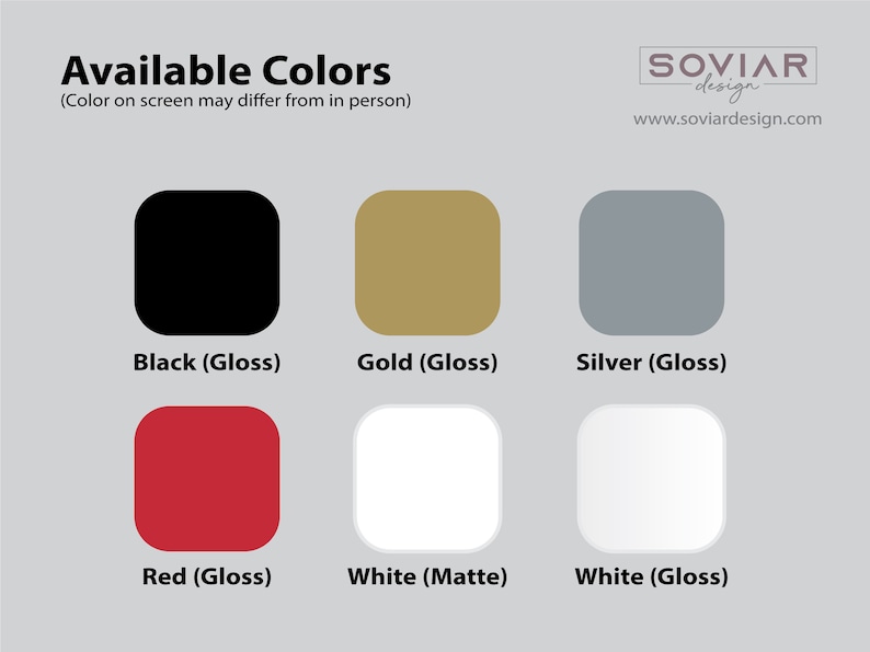 Puede incluir: Un gr&aacute;fico que muestra los colores disponibles para un producto. Los colores son negro, dorado, plateado, rojo, blanco (mate) y blanco (brillo).