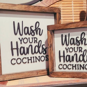 Lávate las manos Cochinos, letrero en espanglish, humor para el baño, letrero de madera, decoración para el baño de niños, letrero divertido para el baño, letrero moderno para el baño