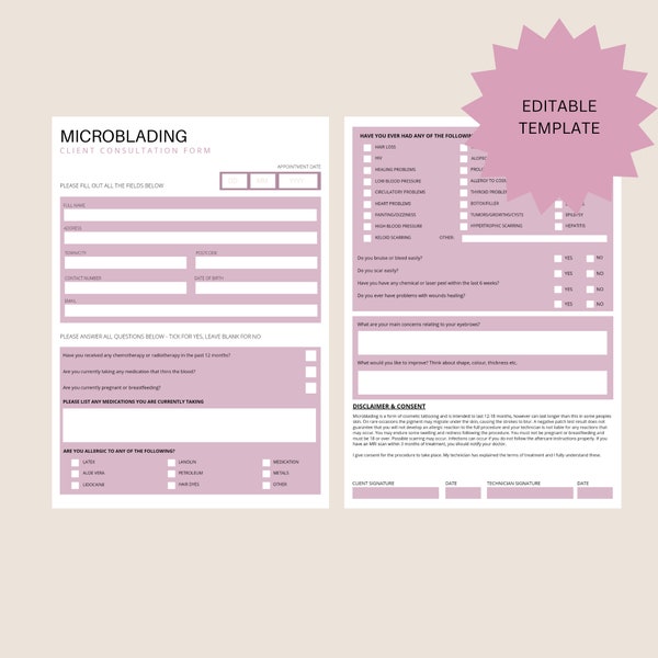 Microblading Consultation Form Template UK (editable) SPMU