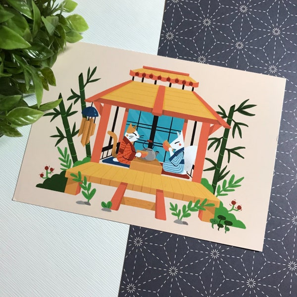 Tea ceremony Postcards | Tea ceremony | Fox and Cat | Postcard | Tea | Japan | Kawaii | Geisterkatzeart | Geisterkatze