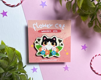 Flower Cat Wooden Pin | Wooden Pin | Cat | Synthetic Whitewood | Synthetic Whitewood | Ghost Cat Art | Ghost Cat | Accessory