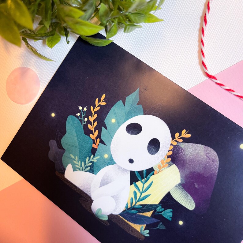May include: A white, cartoon-like creature with black eyes sits on a branch in a dark forest. The creature is surrounded by green and yellow leaves and glowing fireflies.
