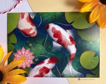 Koi Pond | Calm | Fish | Postcard | Art Print | Japan | Water Lily | Ghost Cat Art | Ghost Cat
