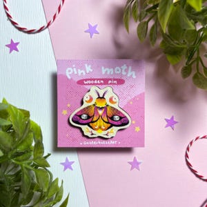 Pink Moth Wooden Pin | Wooden Pin | Pink Moth | Synthetic Whitewood | Synthetic Whitewood | Ghost Cat Art | Ghost Cat | Accessory