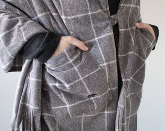 Gray Windowpane CottageCore Premium Luxe Fleece Pocket Wrap Shawl for Cool Seasons, Wood Button Closure, One Size