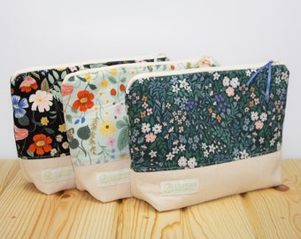 Zippered Gusseted Pouch - Unbleached Canvas Base teamed with Rifle Brand Floral Fabric, Fully Lined, Matching Ribbon Zipper Pull