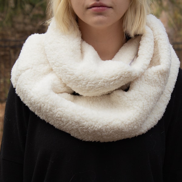 Ivory Sherpa Infinity Scarf with Interior Security Pocket, For Women or Men