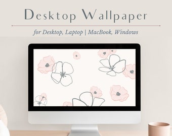 Fondo de pantalla de escritorio estético Fondo floral neutro minimalista para computadora portátil, amapolas grises rosadas, lindo fondo de escritorio floral para computadora portátil