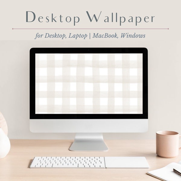 Aesthetic Desktop Wallpaper, Neutral Watercolor Gingham Minimalist Laptop Background, Cute Desktop Background