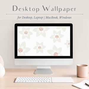 Aesthetic Desktop Wallpaper, Floral Neutral Minimalist Laptop Background, Pink Grey Cute Floral Desktop Background