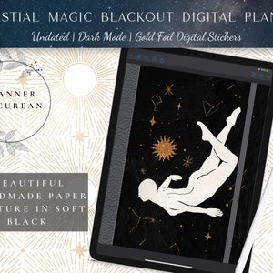 Undatierter digitaler Planer mit Hyperlinks, Celestial Magic Blackout Dark Mode, Goldfolie Digitale Aufkleber, Goodnotes, Notability, Minimalist