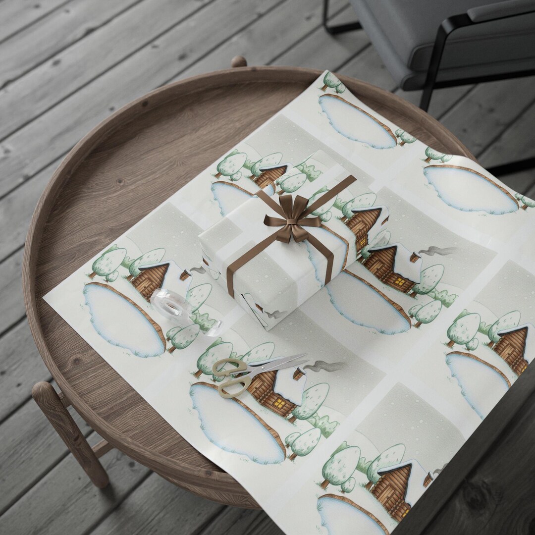 Cabin With Elegant White Snowy Lake Wrapping Paper Roll, Gift Wrap for ...