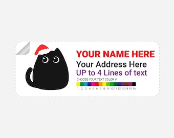 Return Address Labels, Full Color Personalized Mailing Labels, Return Address Stickers, Santa Claus Hat Black Kitten Theme Labels
