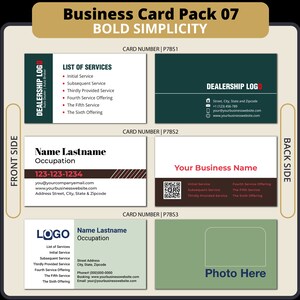 May include: A set of three business card mockups with a green, brown, and grey colour scheme. The cards feature a logo, contact information, and a list of services. The text on the cards reads "Business Card Pack 07", "Bold Simplicity", "Dealership Logo", "Name Lastname", "Occupation", "Your Business Name", "List of Services", "Initial Service", "Subsequent Service", "Thirdly Provided Service", "Fourth Service Offering", "The Fifth Service", "The Sixth Offering", "Street Address", "City, State, Zipcode", "Phone (000)000-0000", "Booking: www.yourbusinesswebsite.com", "Email: your@yourbusinesswebsite.com", and "Photo Here".
