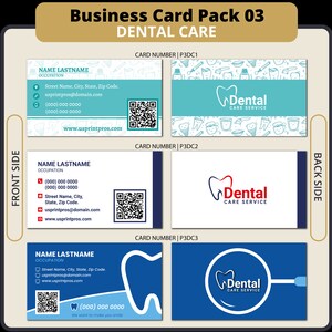 May include: Three business card designs for a dental care service. Each card features a white tooth with a red, blue, or white outline. The text "Dental Care Service" is printed on each card. The cards are designed with a blue, white, and red colour scheme.
