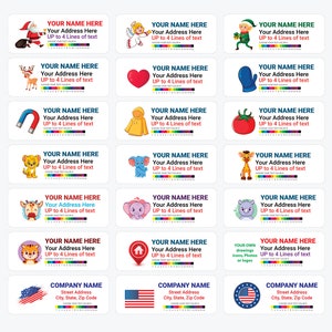 May include: A set of 18 printable name tags featuring various cartoon illustrations, including a Santa Claus, a reindeer, a magnet, a lion, an elephant, a tiger, a house, and an elf. Each tag includes space for a name, address, and the text "UP to 4 Lines of text". The tags also include a company name, street address, city, state, and zip code.