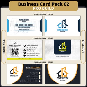 May include: A set of three business card mockups for a construction company. The cards feature a blue and yellow house logo with the text "CONSTRUCTION" and a company slogan. The cards also include contact information, such as a phone number, email address, and website.
