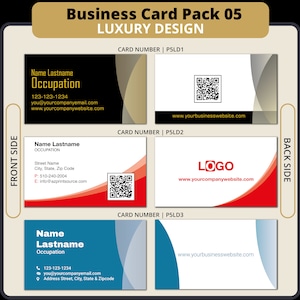 May include: Three business card mockups with different colour schemes and designs. The first card has a black and gold background with a QR code. The second card has a red and white background with a logo and a QR code. The third card has a blue and white background with a website address.