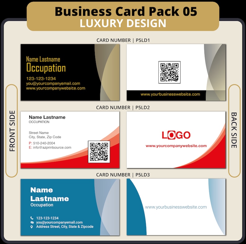 May include: Three business card mockups with different colour schemes and designs. The first card has a black and gold background with a QR code. The second card has a red and white background with a logo and a QR code. The third card has a blue and white background with a website address.