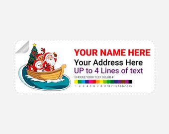 Return Address Labels, Full Color Personalized Mailing Labels, Return Address Stickers, Santa Claus On a Boat with Snowman Reindeer Theme