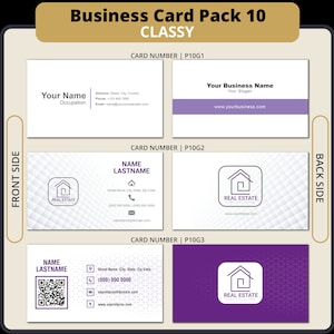 May include: A set of 3 business card mockups with a real estate theme. The cards feature a white house icon with the text "REAL ESTATE" and a purple background with a geometric pattern. The cards also include contact information, such as a phone number, email address, and website.