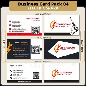 May include: Three business card mockups for an electrician. The front side of each card features a different design with a yellow and red lightning bolt and wrench logo. The back side of each card features the text "ELECTRICIAN REPAIR SERVICE".