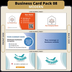 May include: A set of four business card mockups with different designs. The first card features a tree logo and the text "Your Company Name". The second card features a blue background with the text "Your message or business website". The third card features a green and white logo with the text "Awesome Cleaning Services". The fourth card features the same logo as the third card.