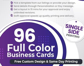 96 Custom Business Card Printing, FREE DESIGN, Add Logo & Social Media Details, Visiting or Thank You Cards, Same Day SHIPPING, Single Sided
