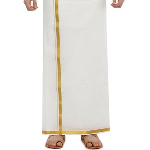 Cream Double Dhoti in Cotton - Jari Men Traditional 4 Meter Dhoti without Pocket or Velcro, Perfect for Festivals, Unique Gift for Men