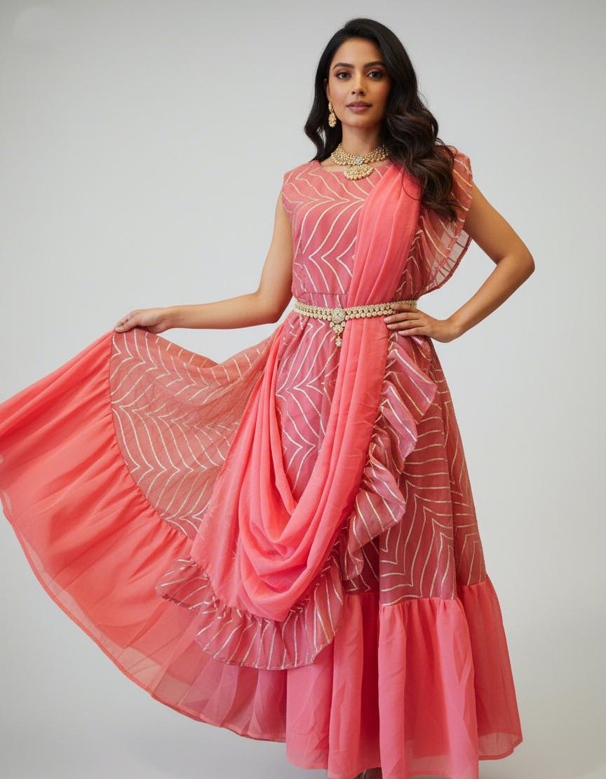 Pink Ready-to-Wear Party Saree Gown | Fully Stitched Georgette Saree Dress | Indian Wedding & Festival Outfit