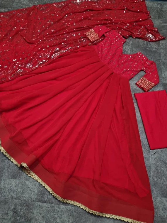 Georgette Embroidered Heavy Party Wear Ladies Gown, Red at Rs 1400 in Surat