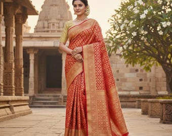 Red Banarasi Georgette Saree | Gold Zari Weaving, Wedding Sari