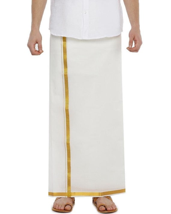 Mens Dhoti – Cream Cotton Double Jari Traditional Wear for Weddings & Festivals No pocket-no loop closure